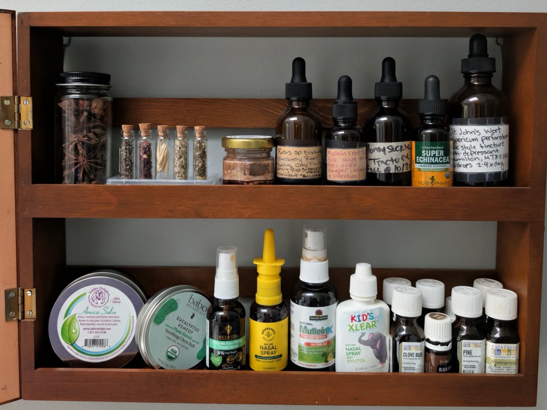 Inside the apothecary cabinet — shelves of labeled tinctures, salves, and herbal remedies